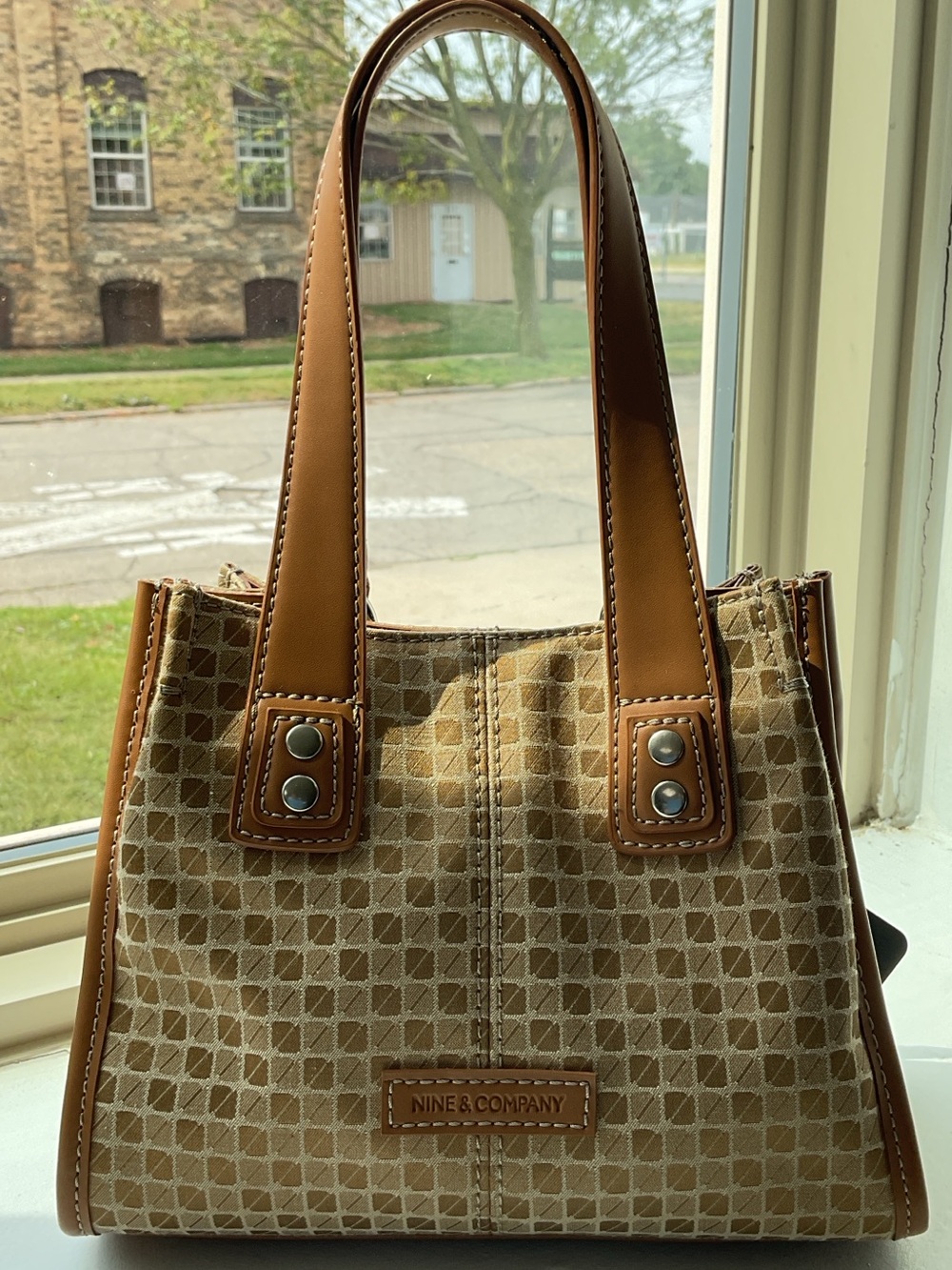 Tan Patterned Tote with Leather Trim